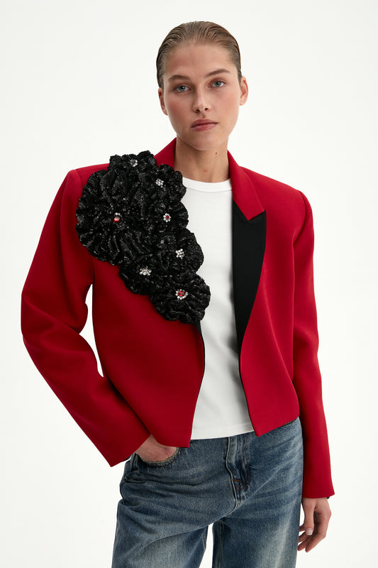 Jacket with contrasting lapels ((Something that rich people wear)), red